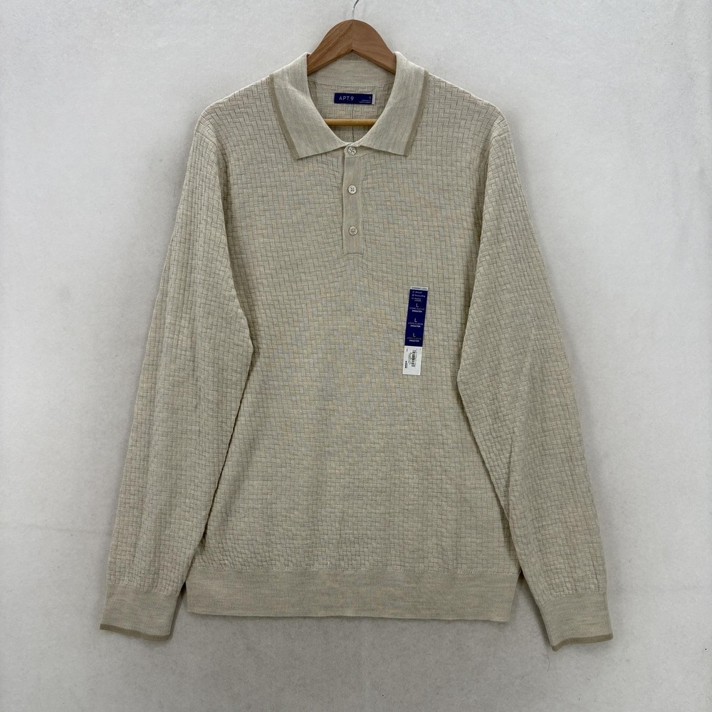APT.9 Sweater Polo Mens Large Beige Merino Wool Blend Collared Knit Pullover NWT
